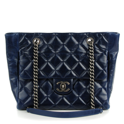 Chanel Glazed Calfskin Quilted Small Duo Color Tote Dark Navy Blue 1 of 7
