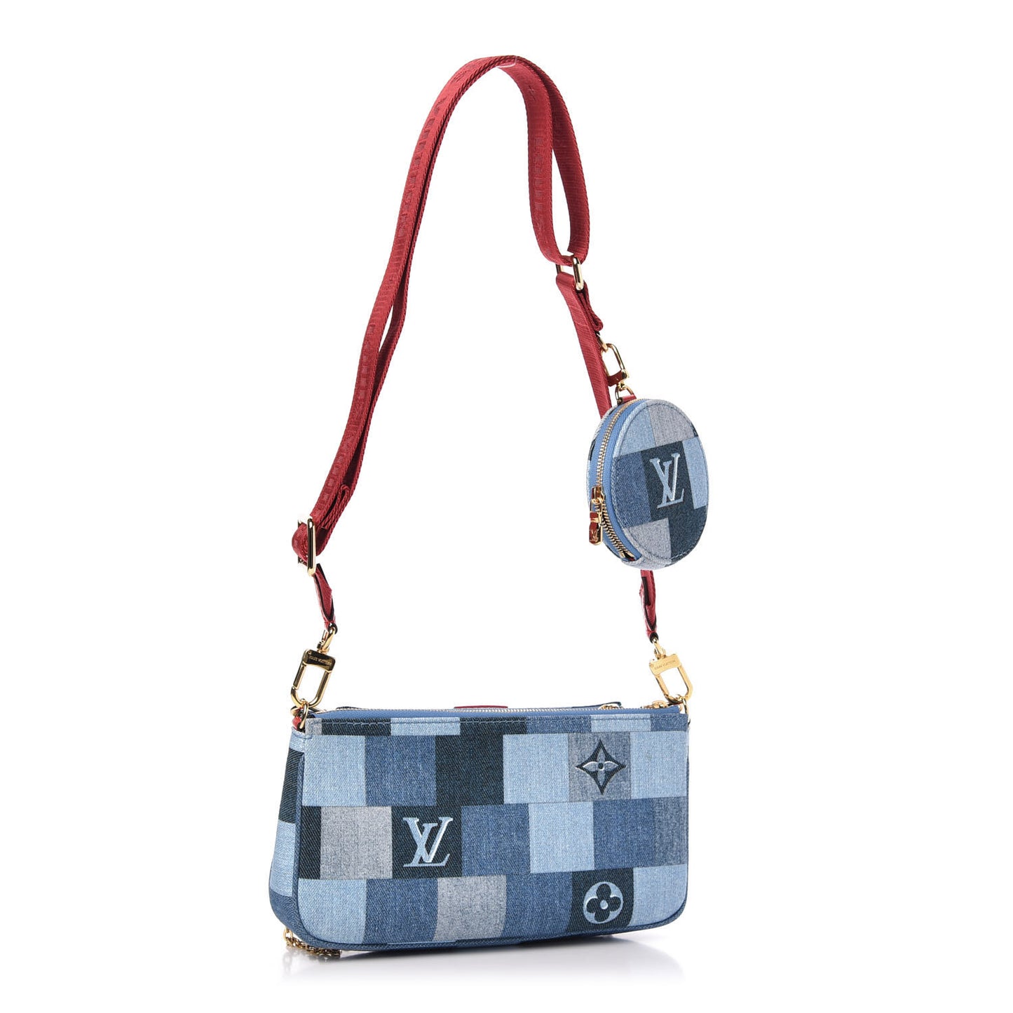 Denim Damier Monogram Patchwork Multi Pochette Accessories Blue Rouge
