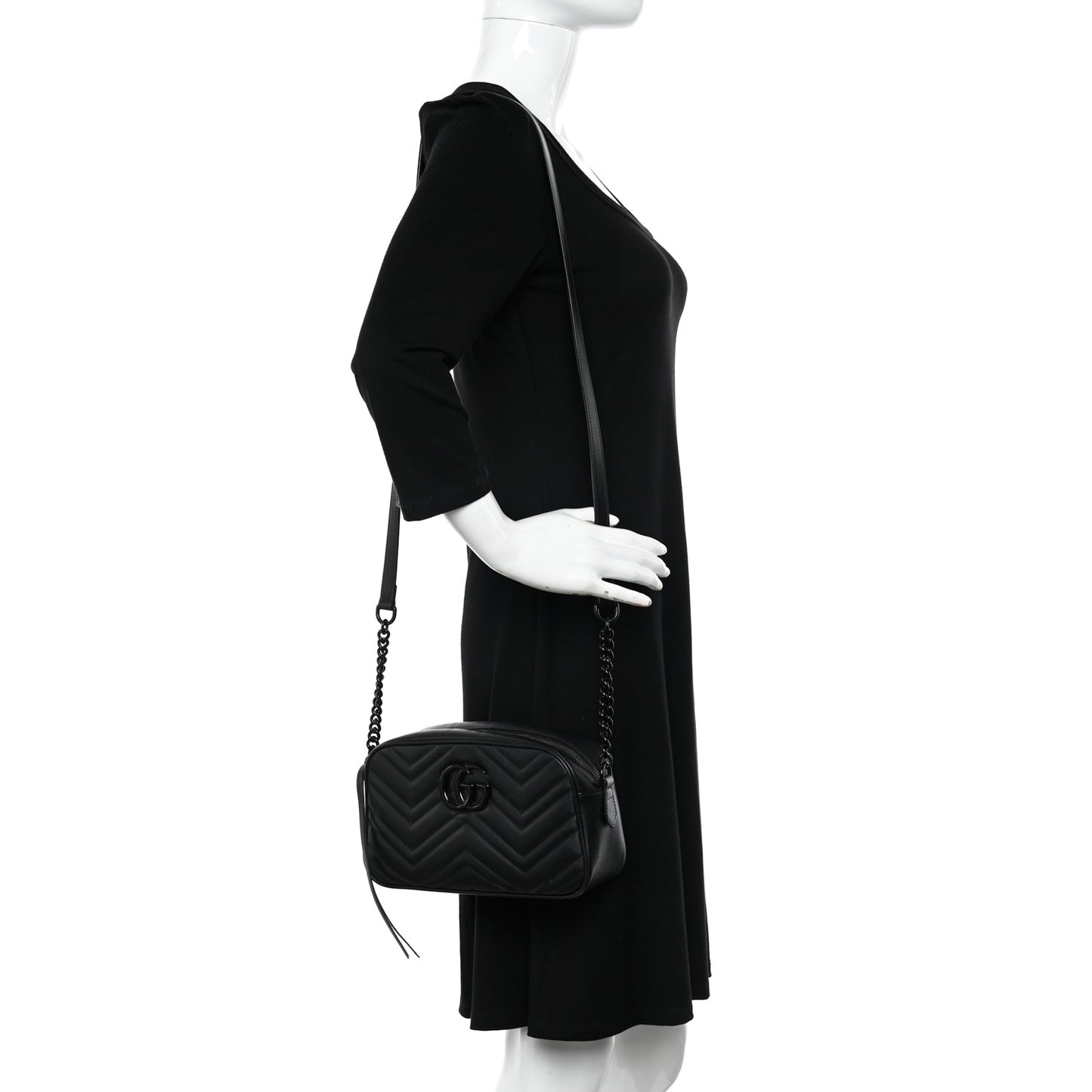 Calfskin Matelasse Monochrome Small GG Marmont Chain Shoulder Bag Black
