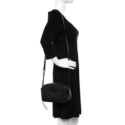 Gucci Calfskin Matelasse Monochrome Small GG Marmont Chain Shoulder Bag Black 2 of 12
