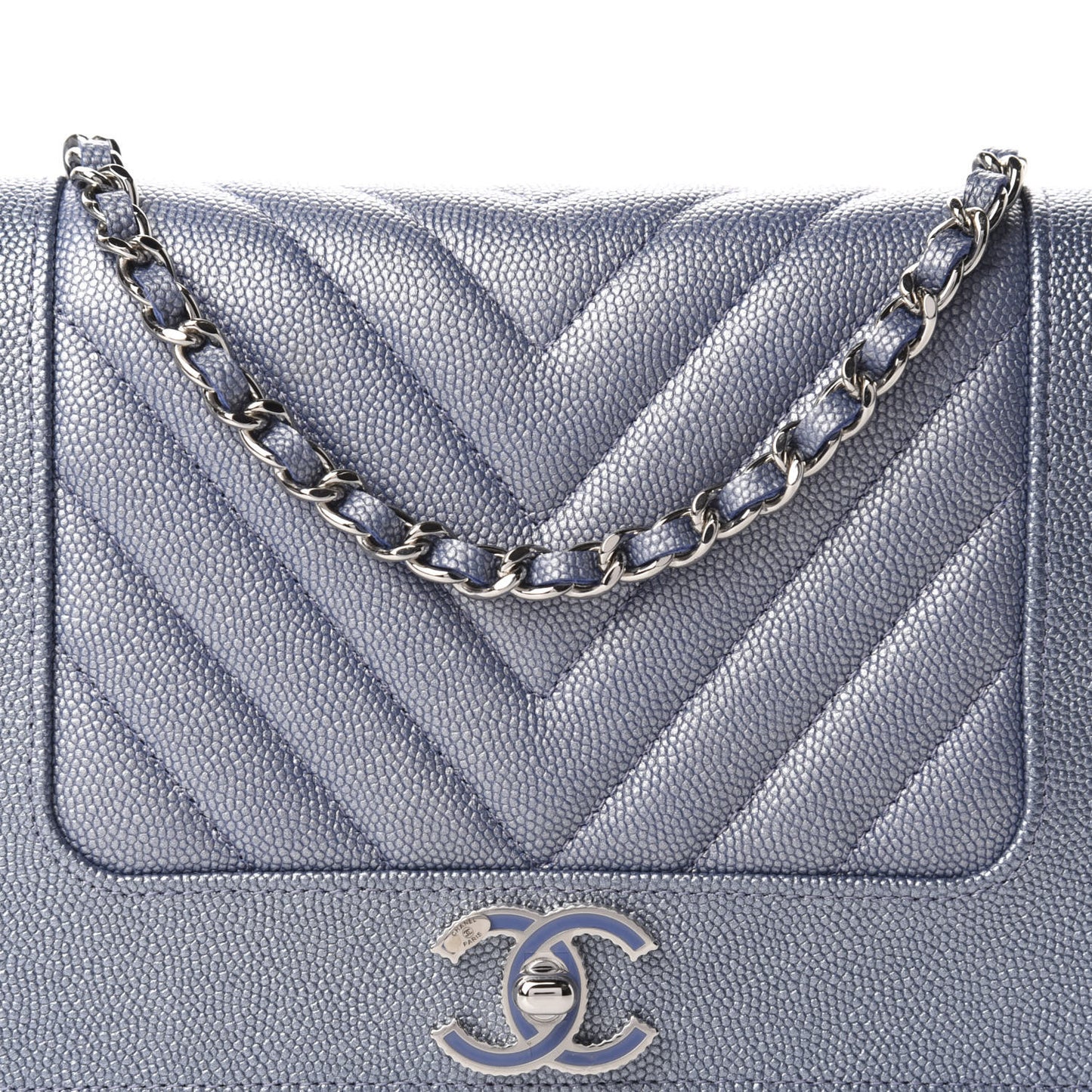 Metallic Caviar Chevron Quilted Vintage Mademoiselle Wallet On Chain WOC Blue