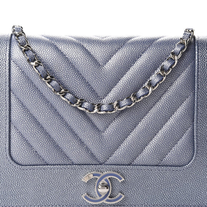 Chanel Metallic Caviar Chevron Quilted Vintage Mademoiselle Wallet On Chain WOC Blue 11 of 12