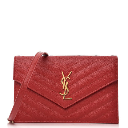 Saint Laurent Grain De Poudre Matelasse Chevron Monogram Envelope Chain Wallet New Red 1 of 7