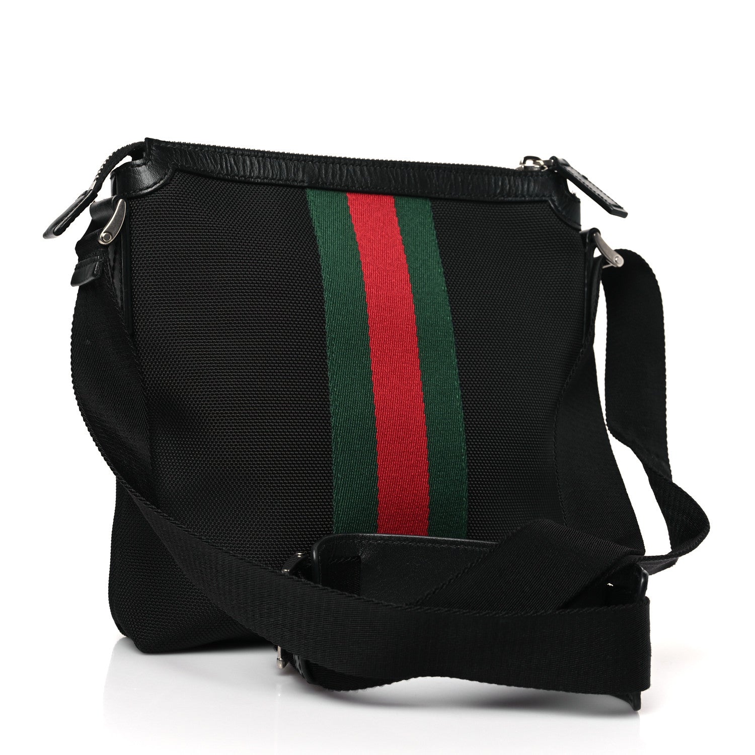 Gucci Techno Canvas Selleria Calfskin Web Small Flat Messenger Bag Black 3 of 9