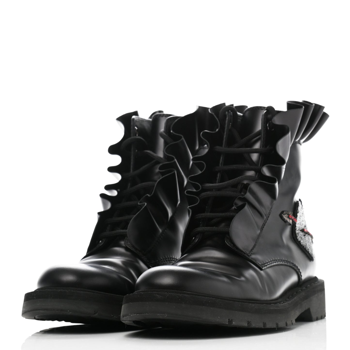 Calfskin Ruffle Heart Love Combat Boots 38 Black