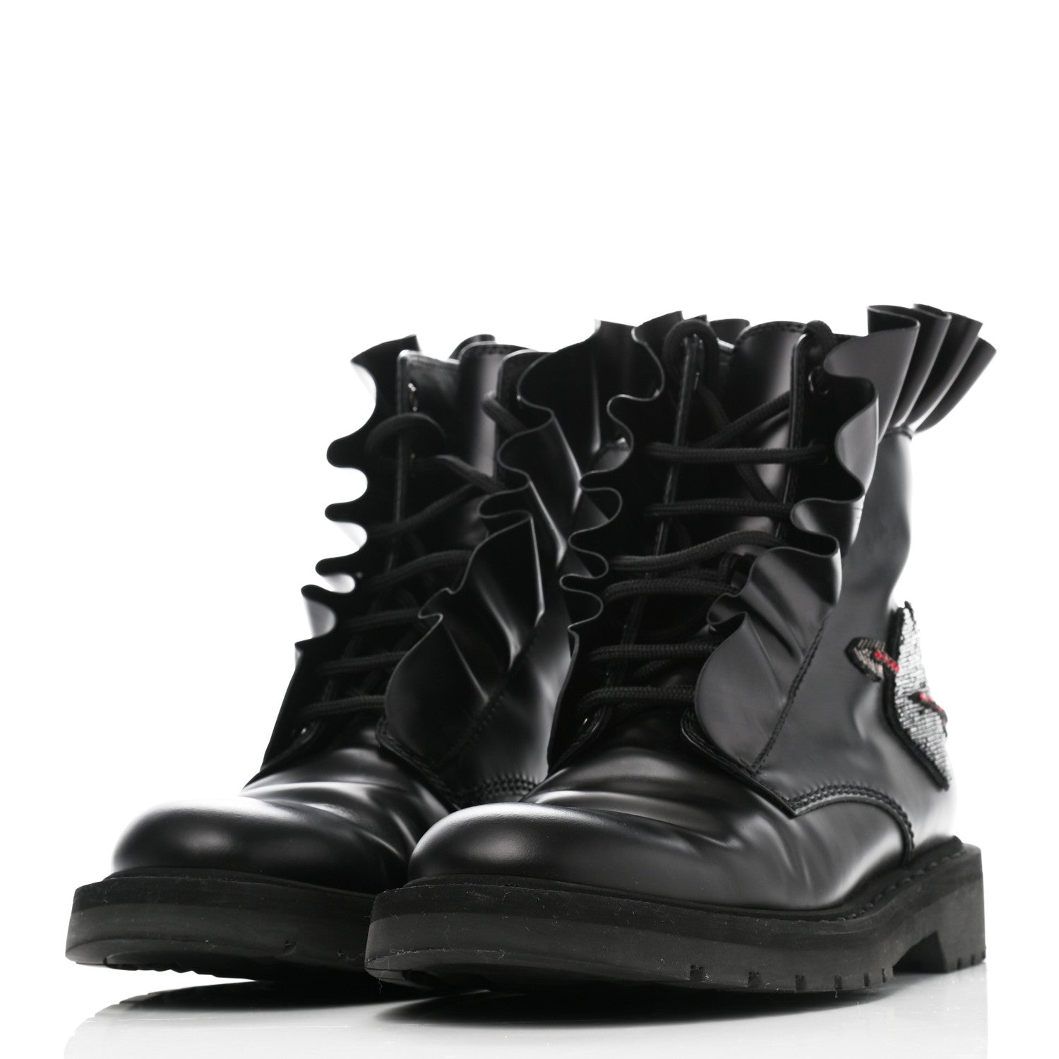 Valentino Garavani Calfskin Ruffle Heart Love Combat Boots 38 Black 3 of 11