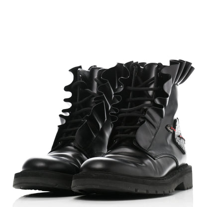 Valentino Garavani Calfskin Ruffle Heart Love Combat Boots 38 Black 3 of 11