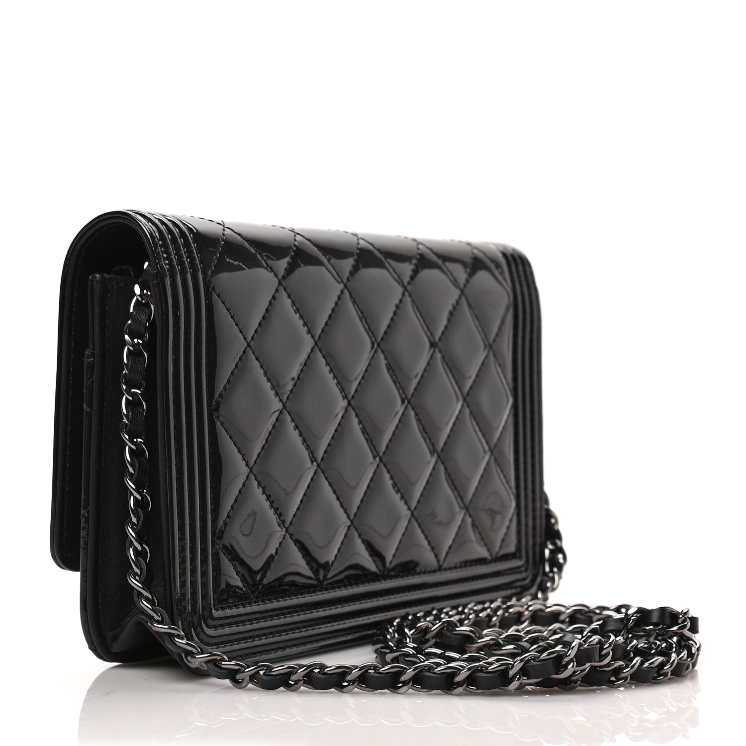 Chanel Patent Calfskin Quilted Boy Wallet On Chain WOC Black 3 of 10