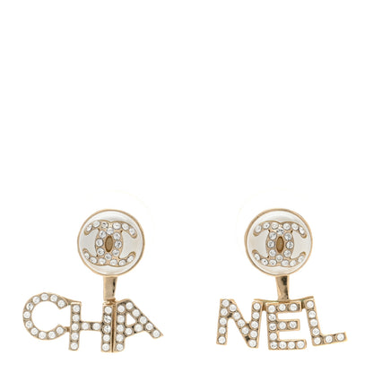 Chanel Pearl Crystal Logo Earrings Gold Pearly White 1 of 4