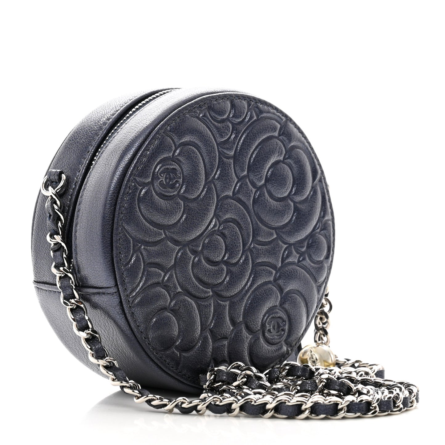 Goatskin Camellia Quilted Round Clutch With Chain