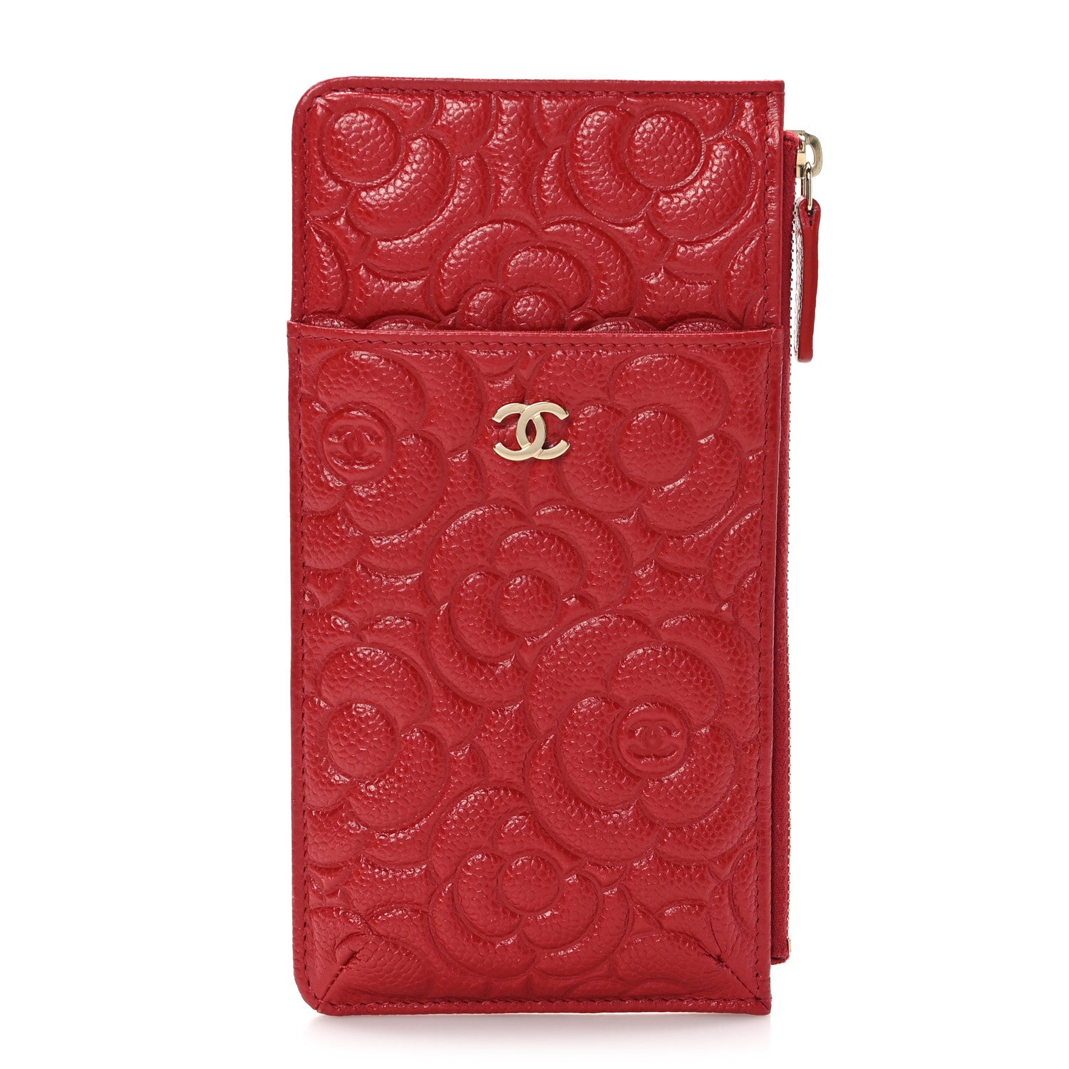 Chanel Caviar Camellia Embossed Classic Flat Wallet Pouch Red 1 of 7