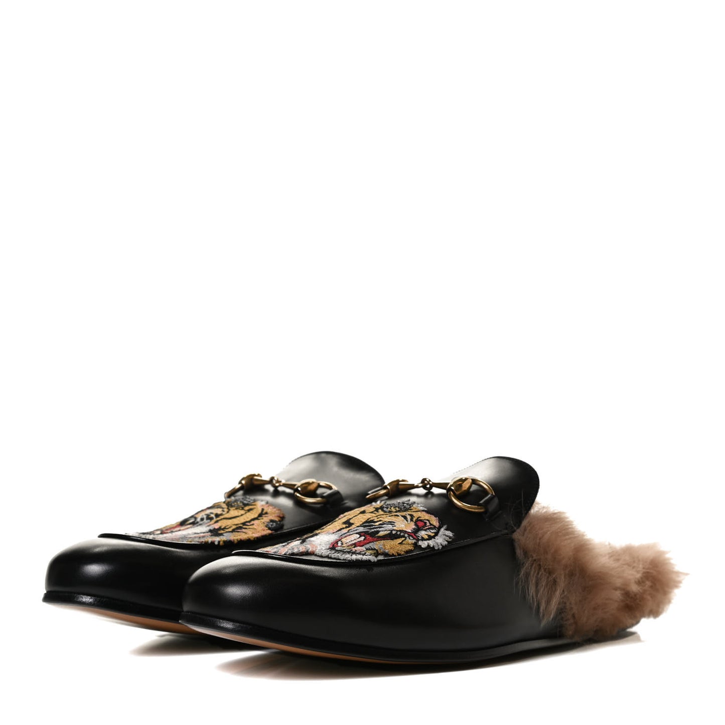 Calfskin Fur Tiger Embroidered Mens Princetown Slippers 9.5 Black