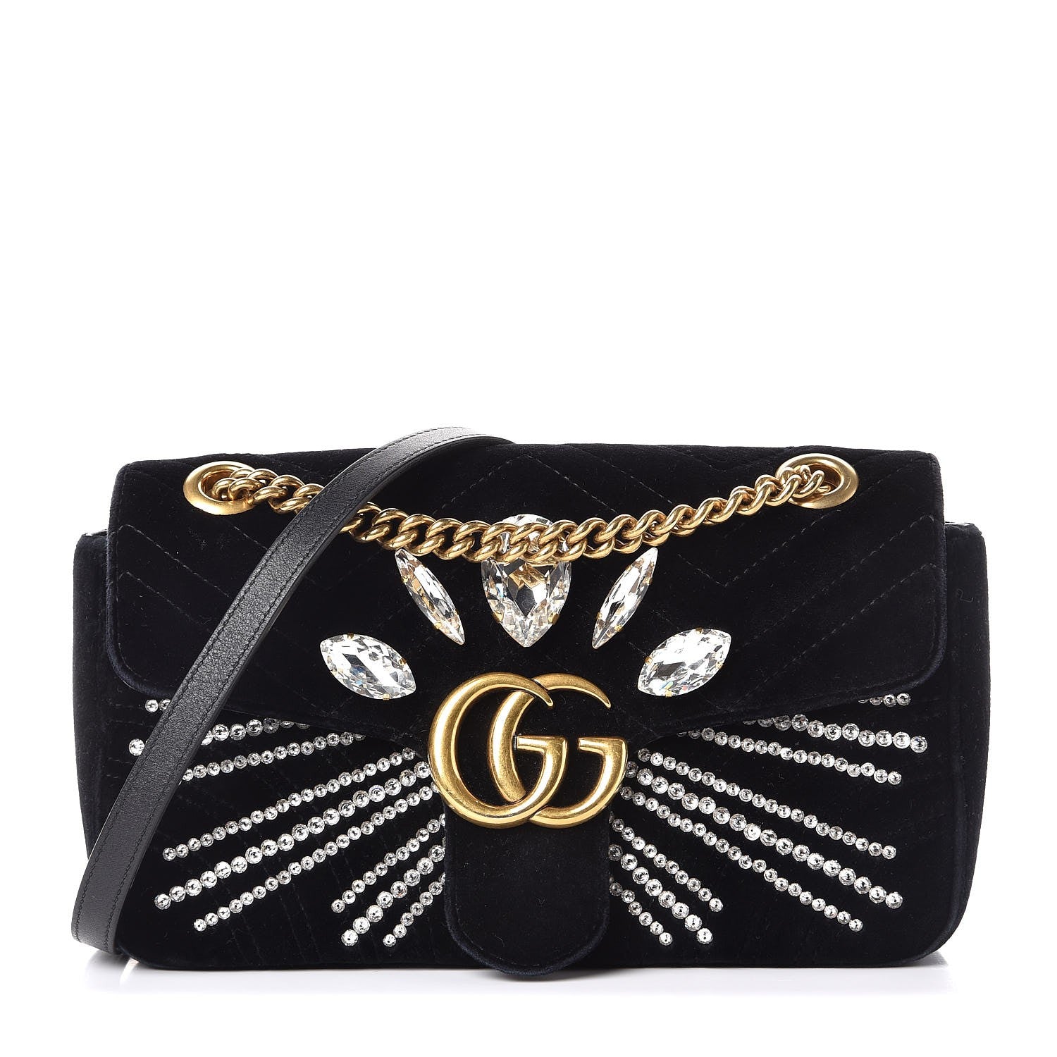 Gucci Velvet Matelasse Marquise Crystals Embroidered Small GG Marmont Shoulder Bag Black 1 of 9