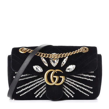 Gucci Velvet Matelasse Marquise Crystals Embroidered Small GG Marmont Shoulder Bag Black 1 of 9