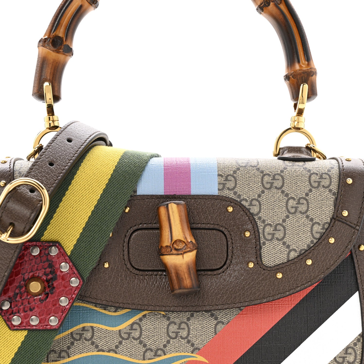 Gucci GG Supreme Monogram Studded Calfskin 100 Centennial Geometric Medium Bamboo 1947 Top Handle Bag Beige Ebony Multicolor 9 of 12