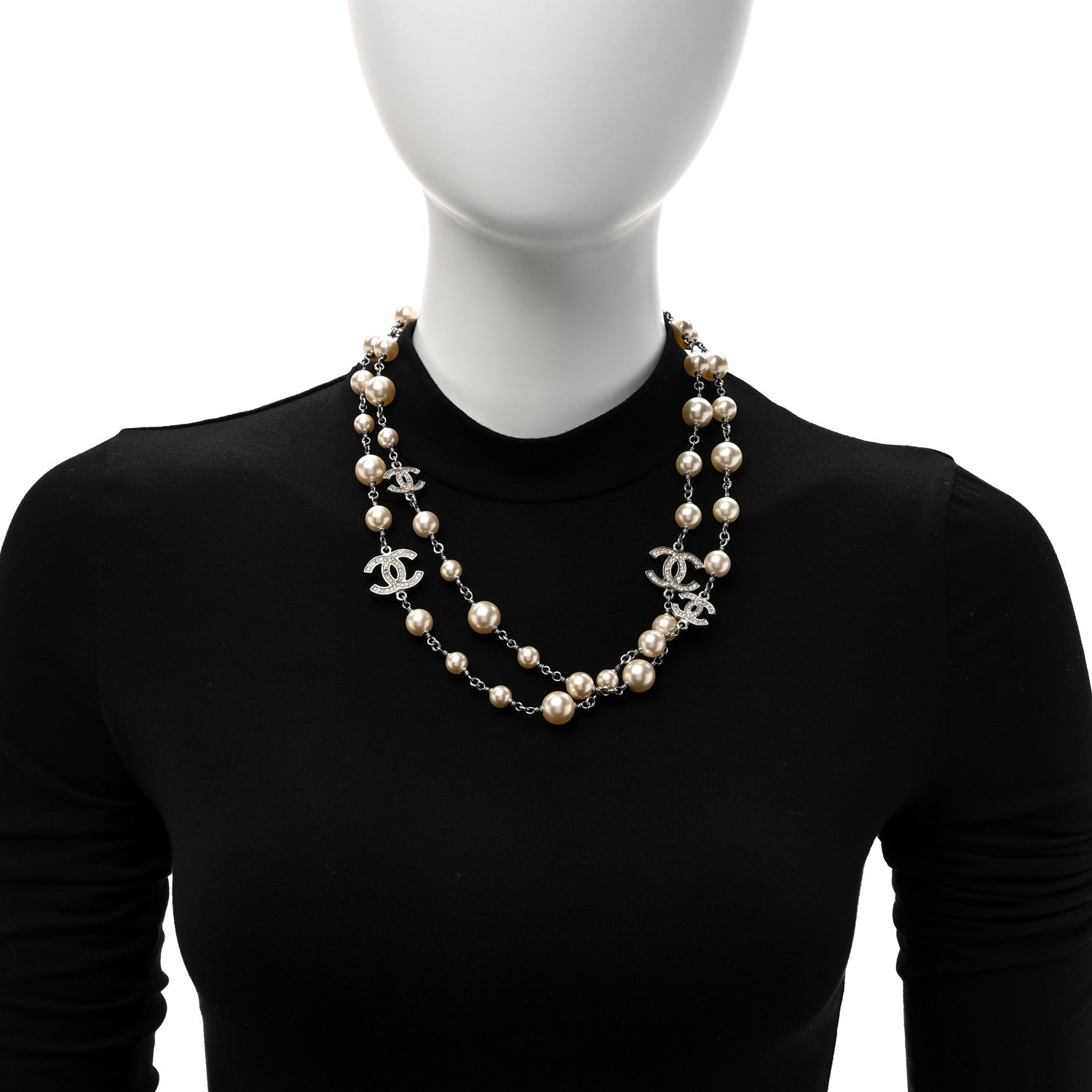 Chanel Crystal Pearl CC Long Necklace Silver 2 of 5