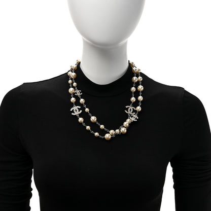 Chanel Crystal Pearl CC Long Necklace Silver 2 of 5
