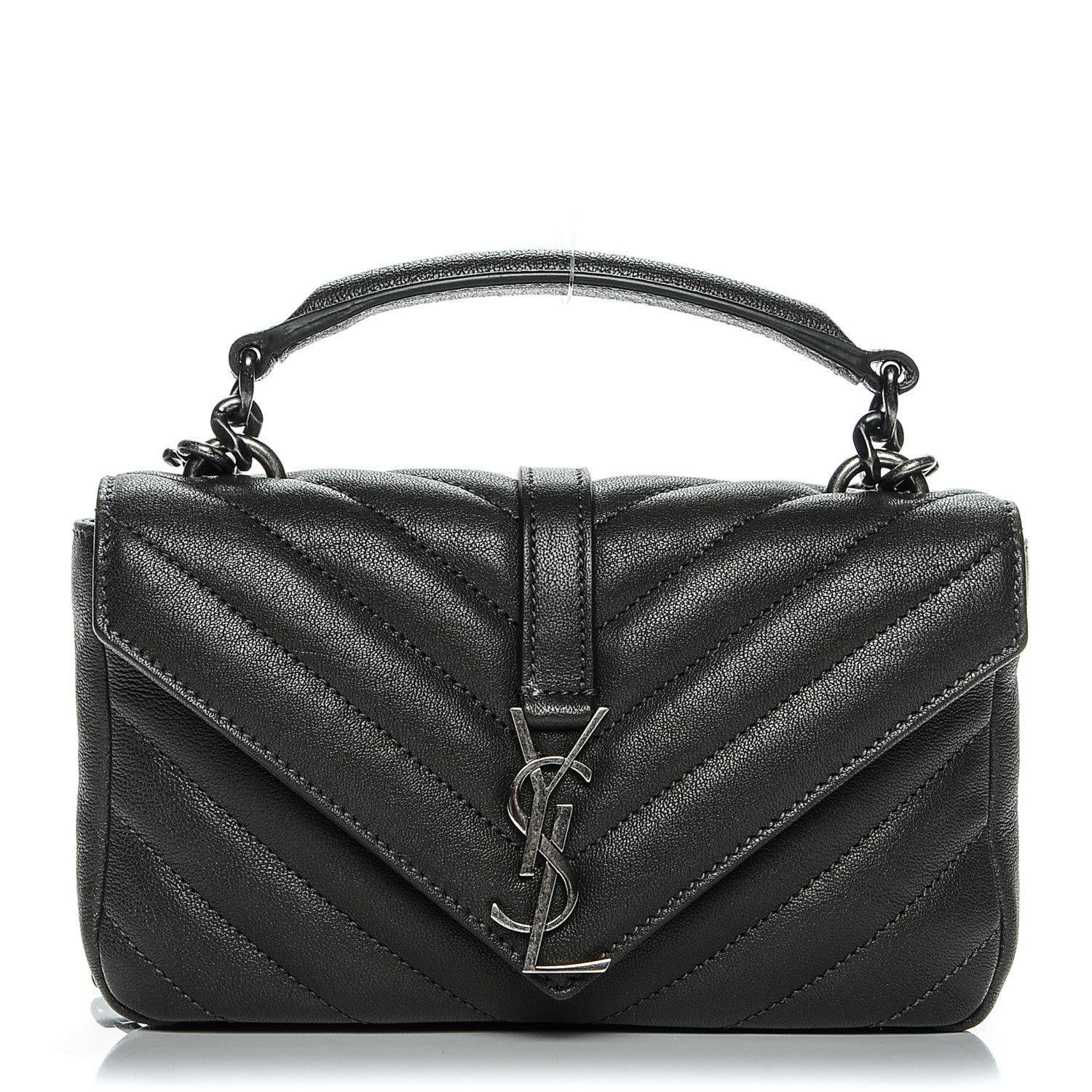 Saint Laurent Sheepskin Matelasse Chevron Monogram College Chain Wallet Coal 1 of 6