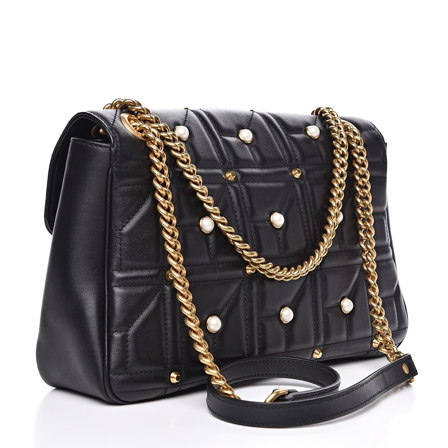 Gucci Calfskin Matelasse Studded Medium Pearly GG Marmont Shoulder Bag Black 3 of 12