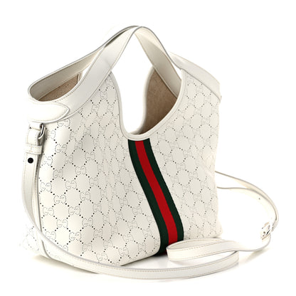 Gucci Calfskin Perforated GG Web Small Giglio Tote White 4 of 10