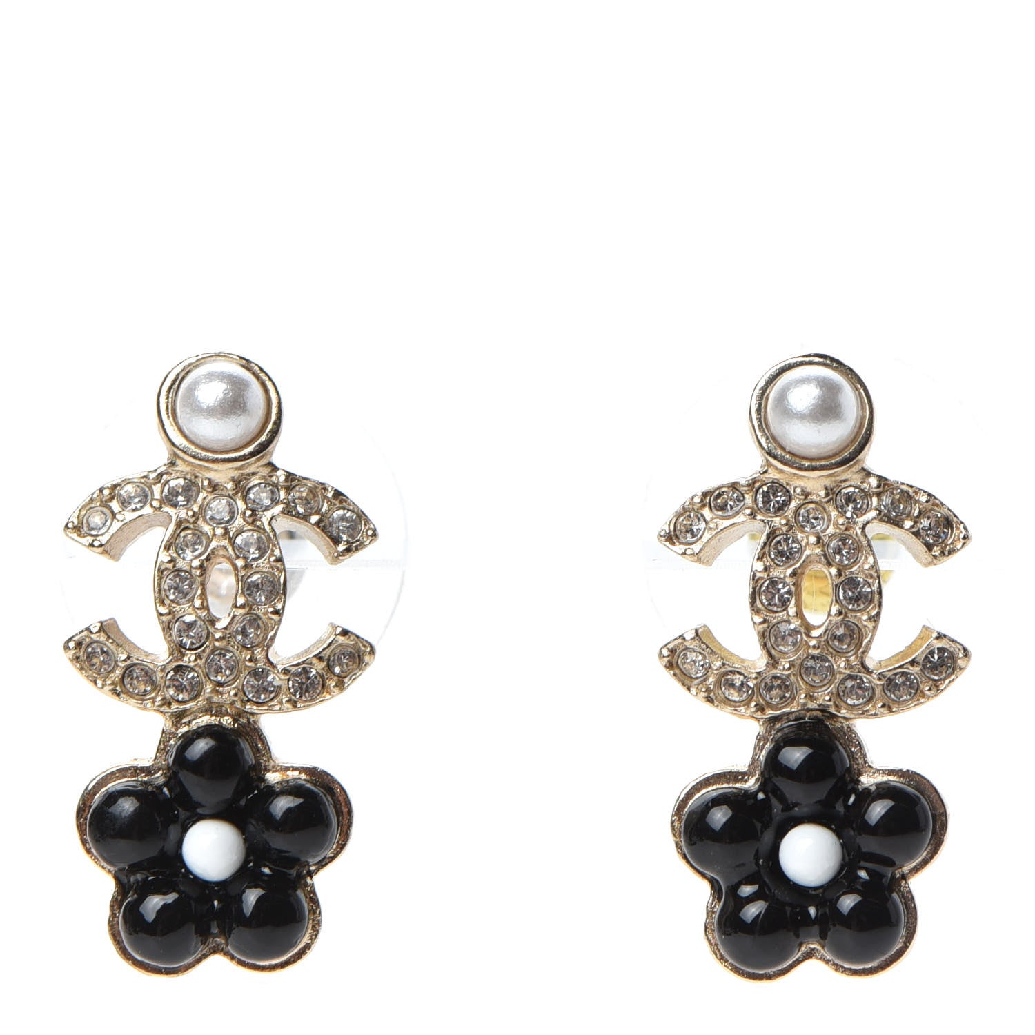 Chanel Crystal Pearl CC Flower Earrings Black Gold 1 of 5