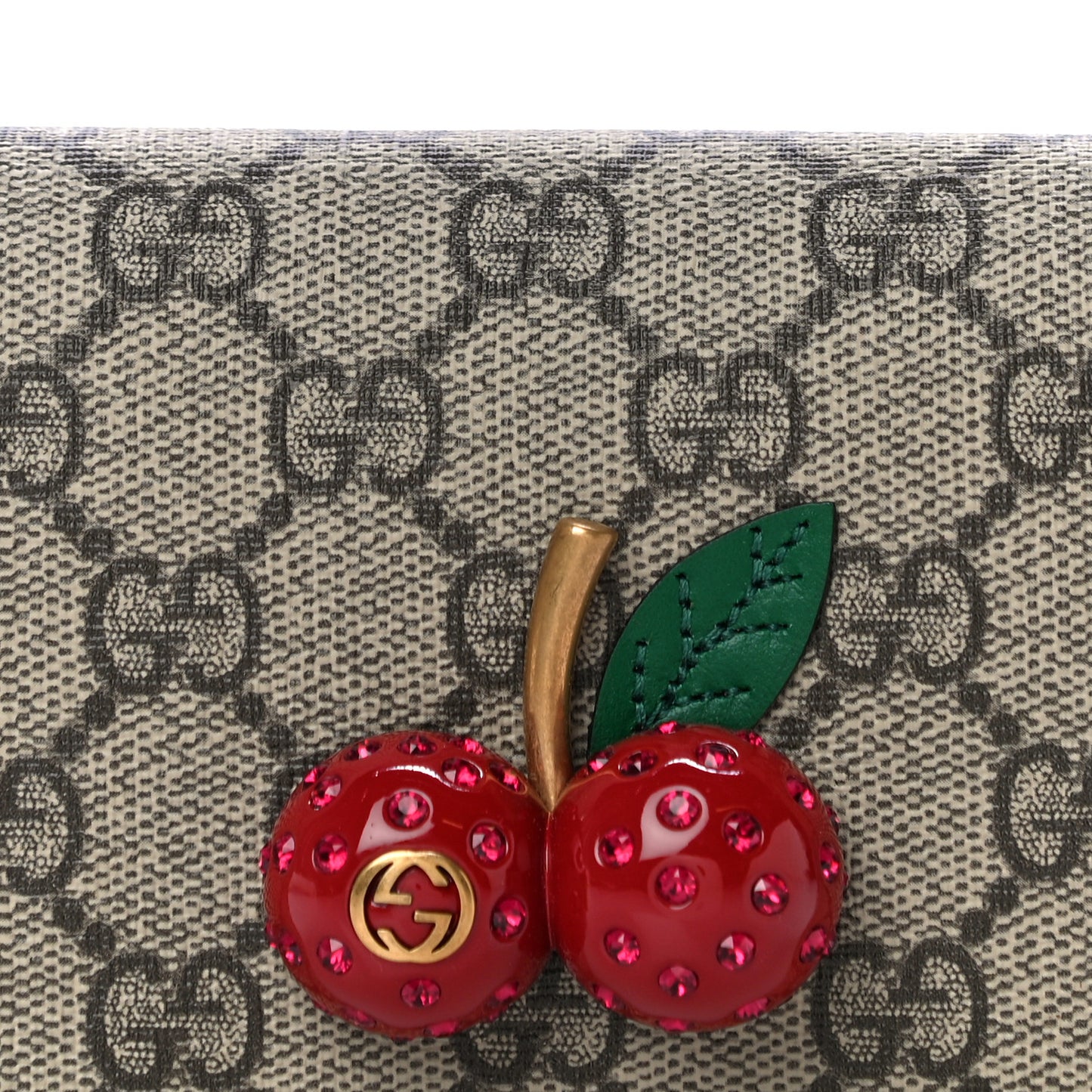 GG Supreme Monogram Cherry Embellished Card Case Wallet Hibiscus Red