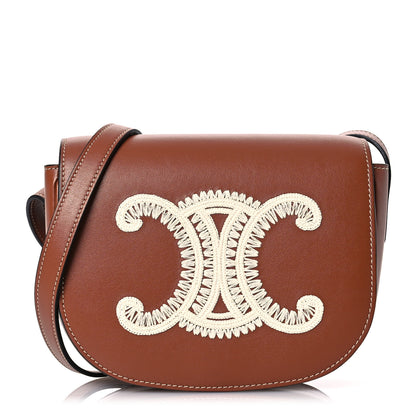 Celine Smooth Calfskin Cuir Triomphe Embroidered Folco Crossbody Bag Tan 1 of 10