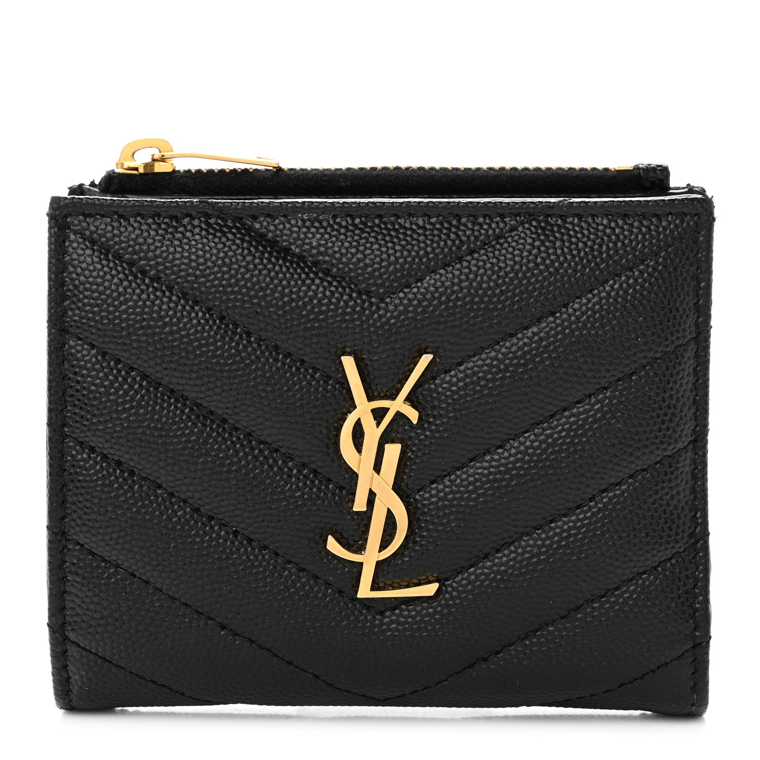 Saint Laurent Grain De Poudre Matelasse Chevron Monogram Zipped Card Case Black 1 of 9