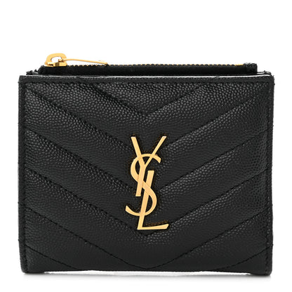 Saint Laurent Grain De Poudre Matelasse Chevron Monogram Zipped Card Case Black 1 of 9