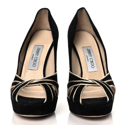Jimmy Choo Suede Kilda Peep Toe Pumps 37.5 Black Gold 2 of 8