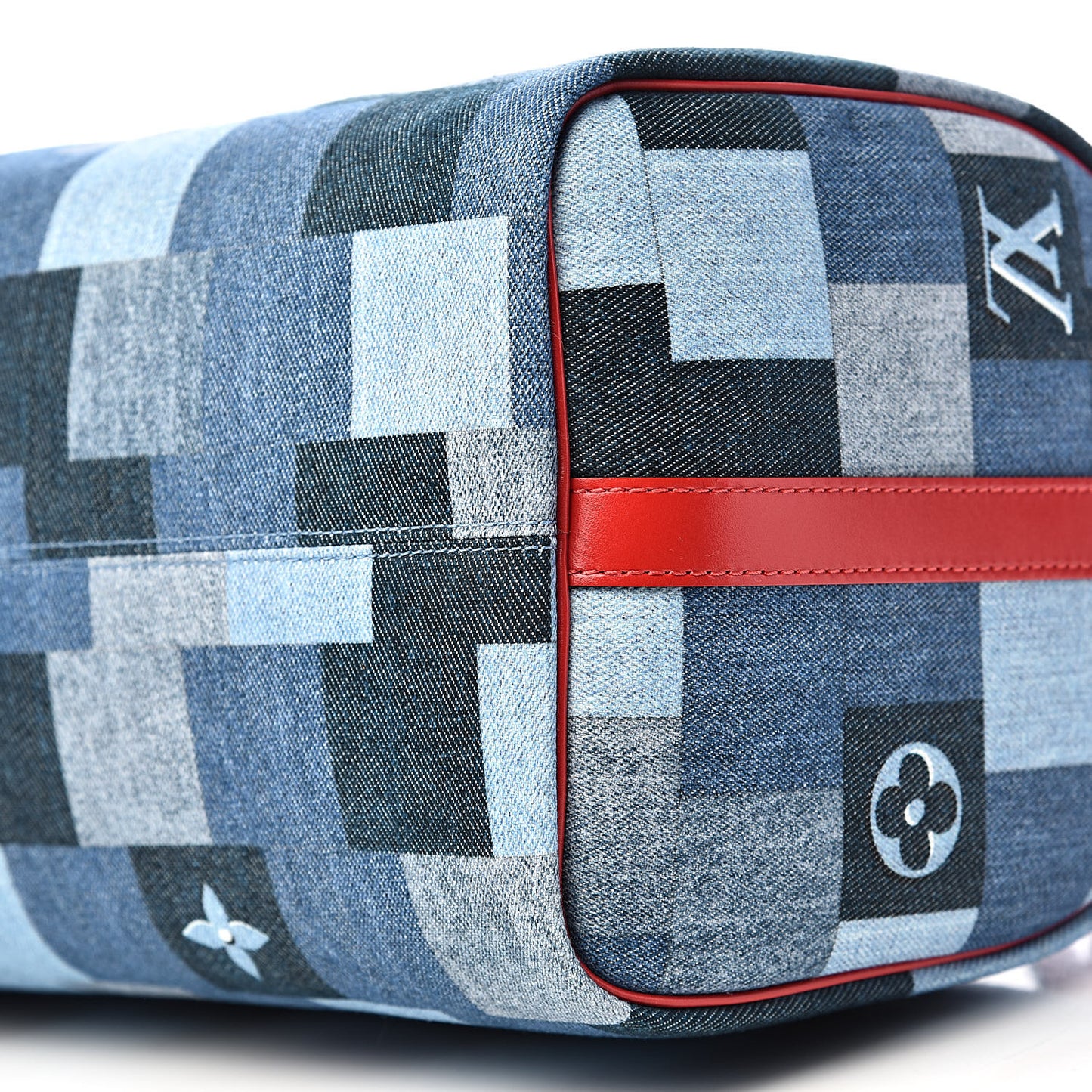 Denim Damier Monogram Patchwork Speedy Bandouliere 30 Blue Rouge