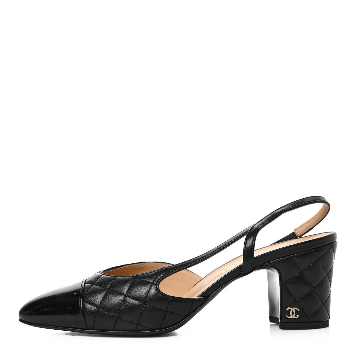 Lambskin Patent Calfskin Quilted Cap Toe CC Slingback Pumps 40 Black