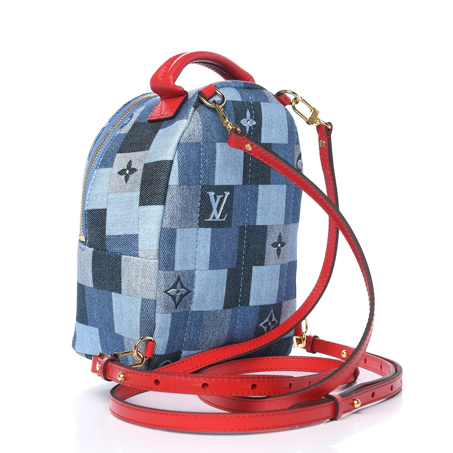 Louis Vuitton Denim Damier Monogram Patchwork Palm Springs Backpack Mini Blue Rouge 3 of 10
