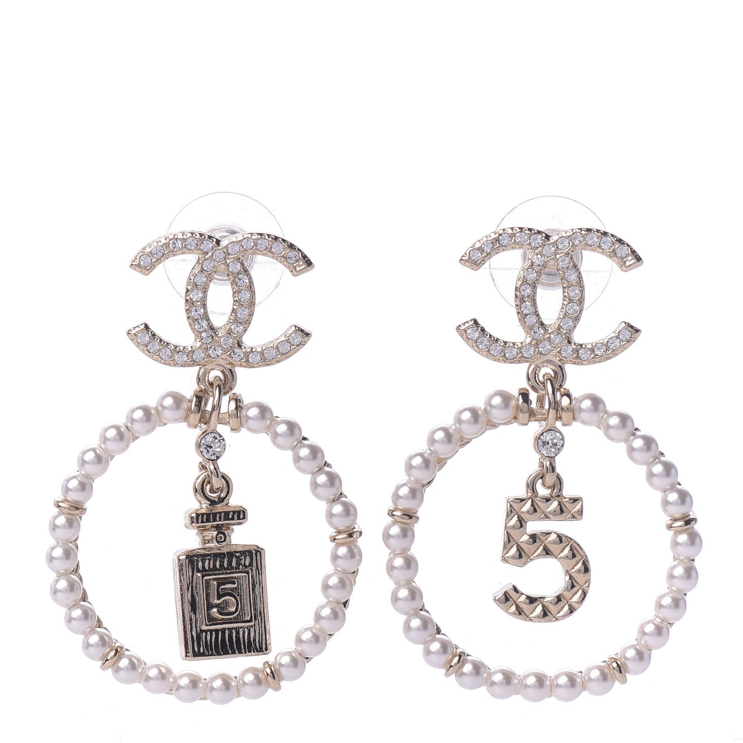 Crystal Pearl Charms CC Drop Earrings Gold