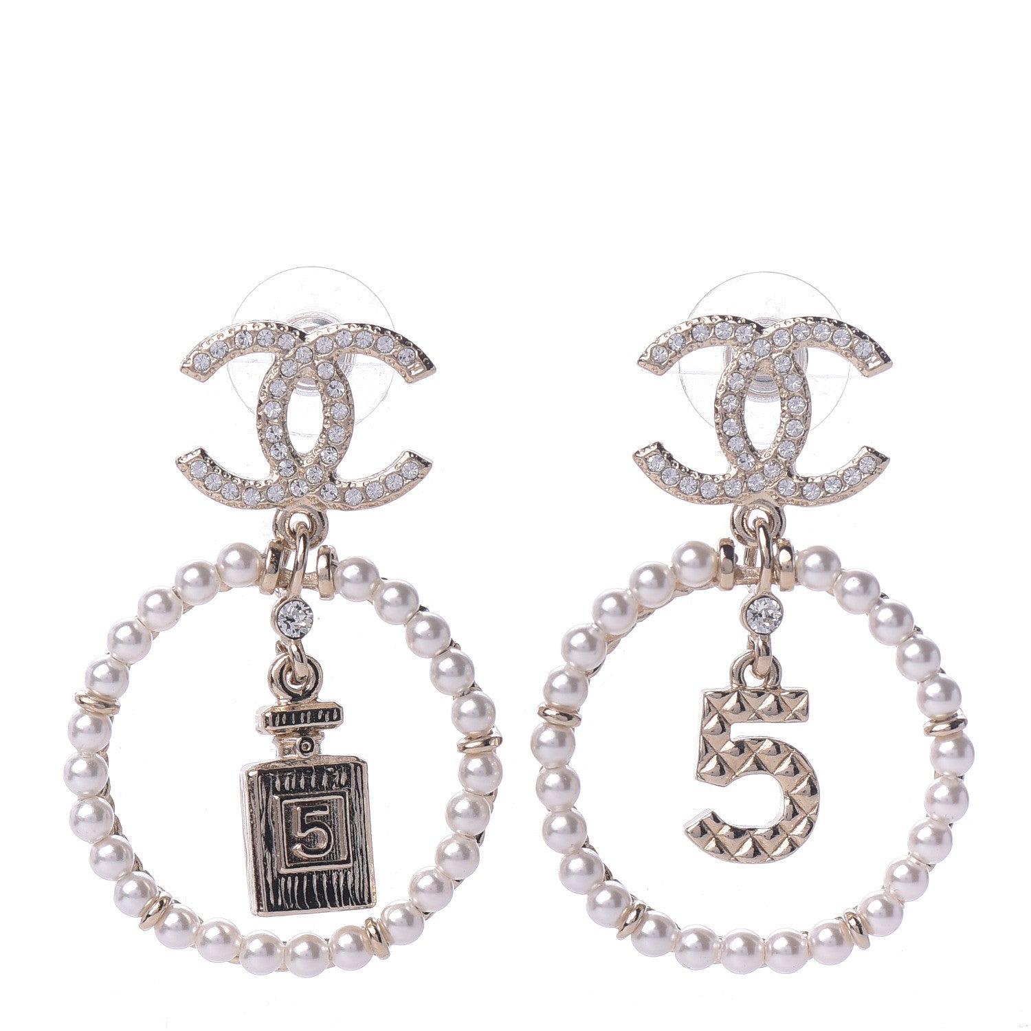 Chanel Crystal Pearl Charms CC Drop Earrings Gold 1 of 5