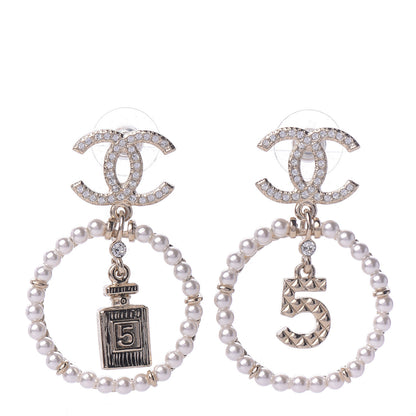 Chanel Crystal Pearl Charms CC Drop Earrings Gold 1 of 5