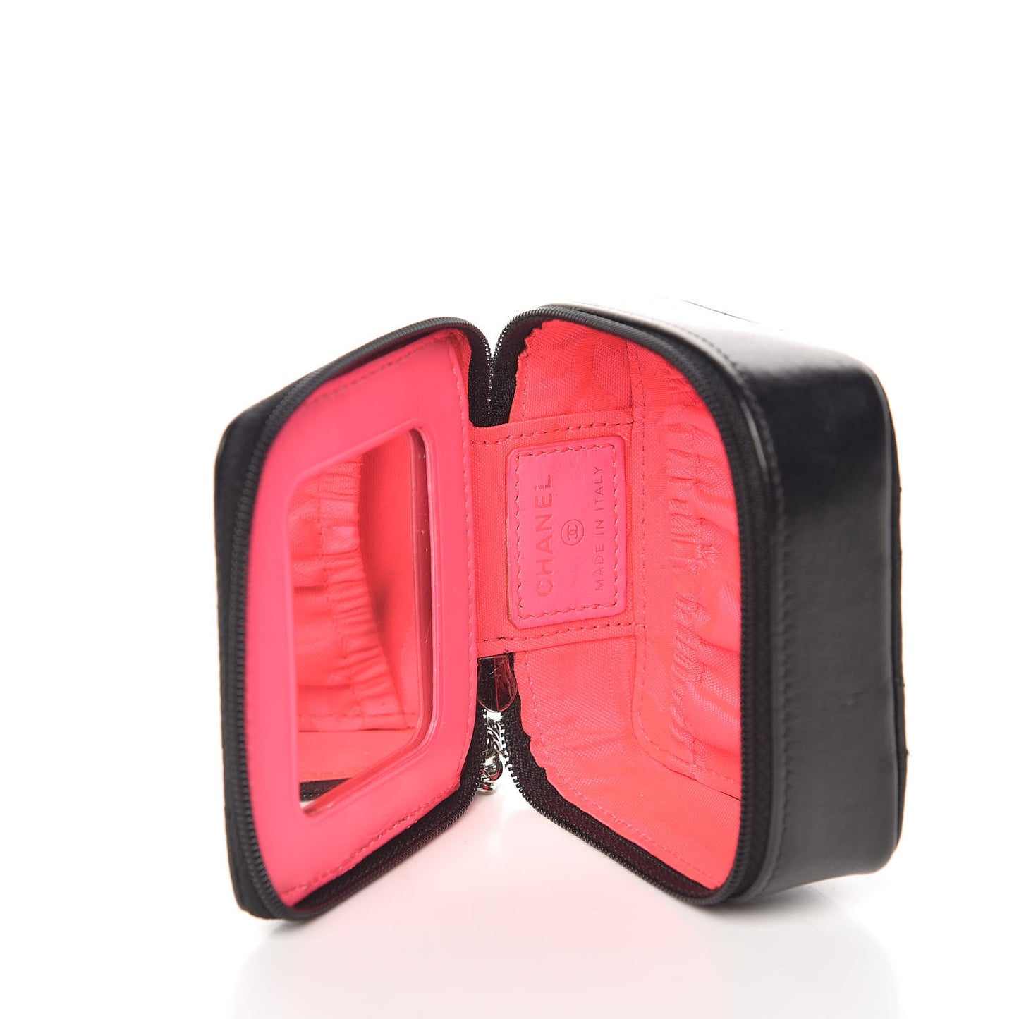 Calfskin Quilted Cambon Zip Around Makeup Pouch Black White
