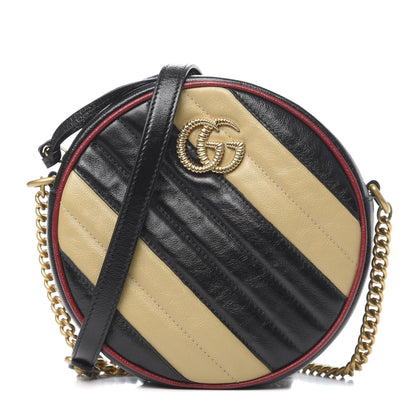 Gucci Azalea Calfskin Matelasse Diagonal Patchwork Mini Torchon GG Marmont Round Shoulder Bag Black Beige Romantic Cerise 1 of 9