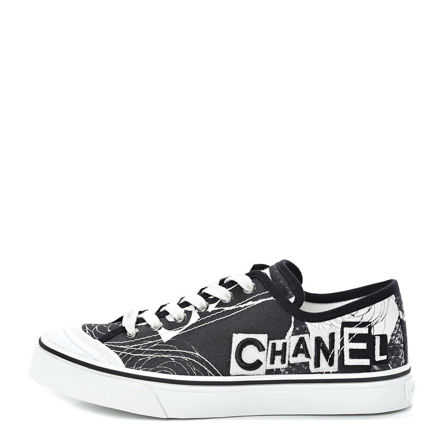 Chanel Printed Fabric Low Top Logo Sneakers 39 White Black 1 of 9