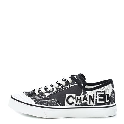 Chanel Printed Fabric Low Top Logo Sneakers 39 White Black 1 of 9