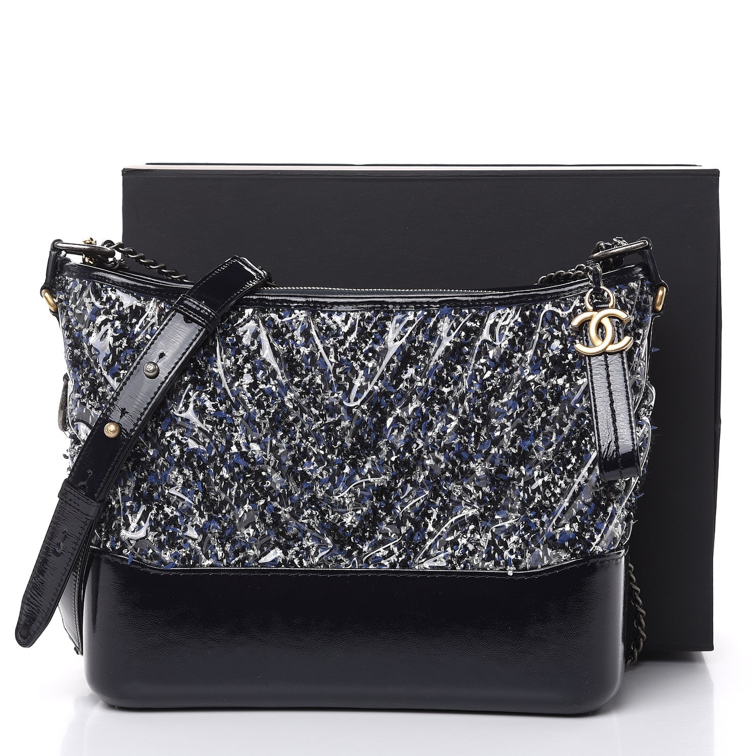 Chanel Tweed PVC Patent Chevron Quilted Medium Gabrielle Hobo Blue 11 of 11