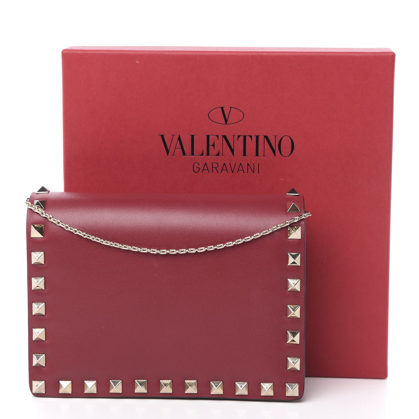 Calfskin Rockstud Wallet on Chain Red