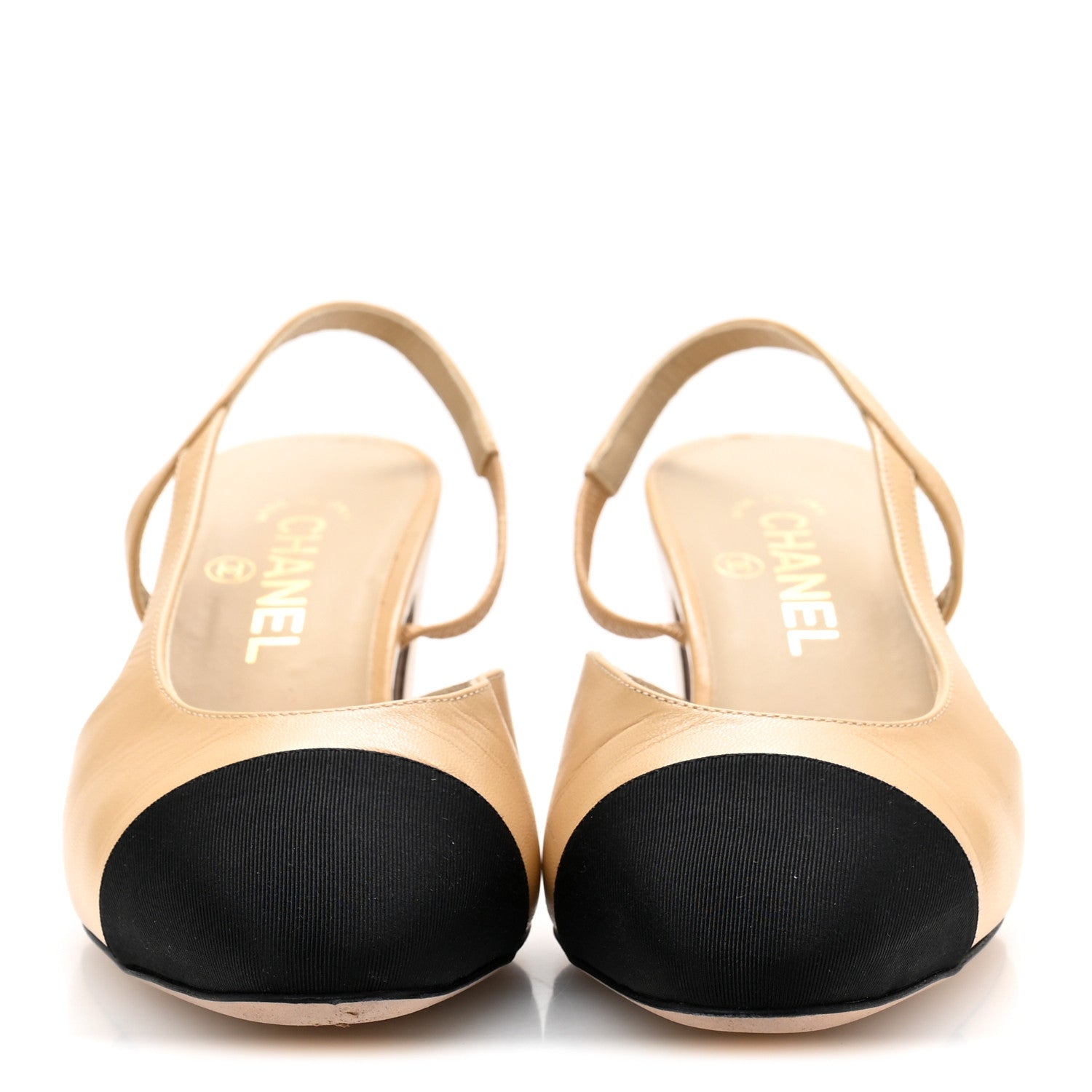 Chanel Goatskin Grosgrain Cap Toe CC Slingback Pumps 39 Beige Black 3 of 10