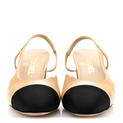Chanel Goatskin Grosgrain Cap Toe CC Slingback Pumps 39 Beige Black 3 of 10