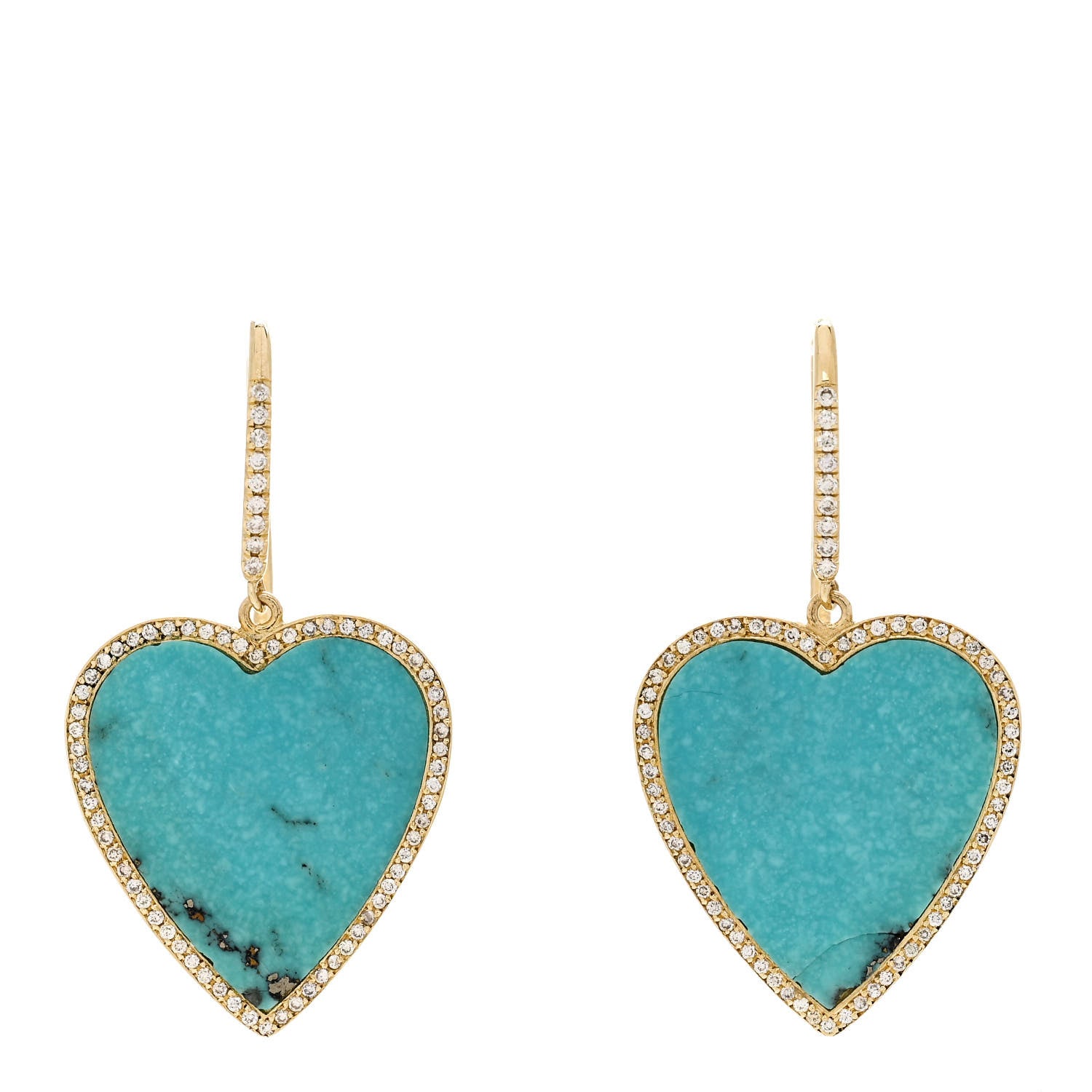 Jennifer Meyer 18K Yellow Gold Diamond Turquoise Inlay Heart Earrings 1 of 5