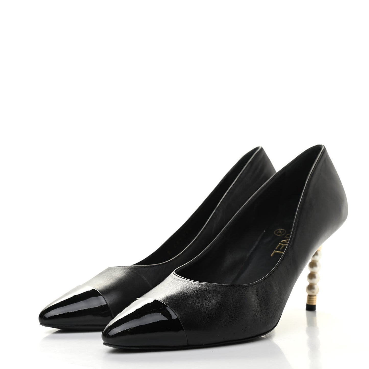 Patent Lambskin Cap Toe Pearl Pumps 39.5 Black