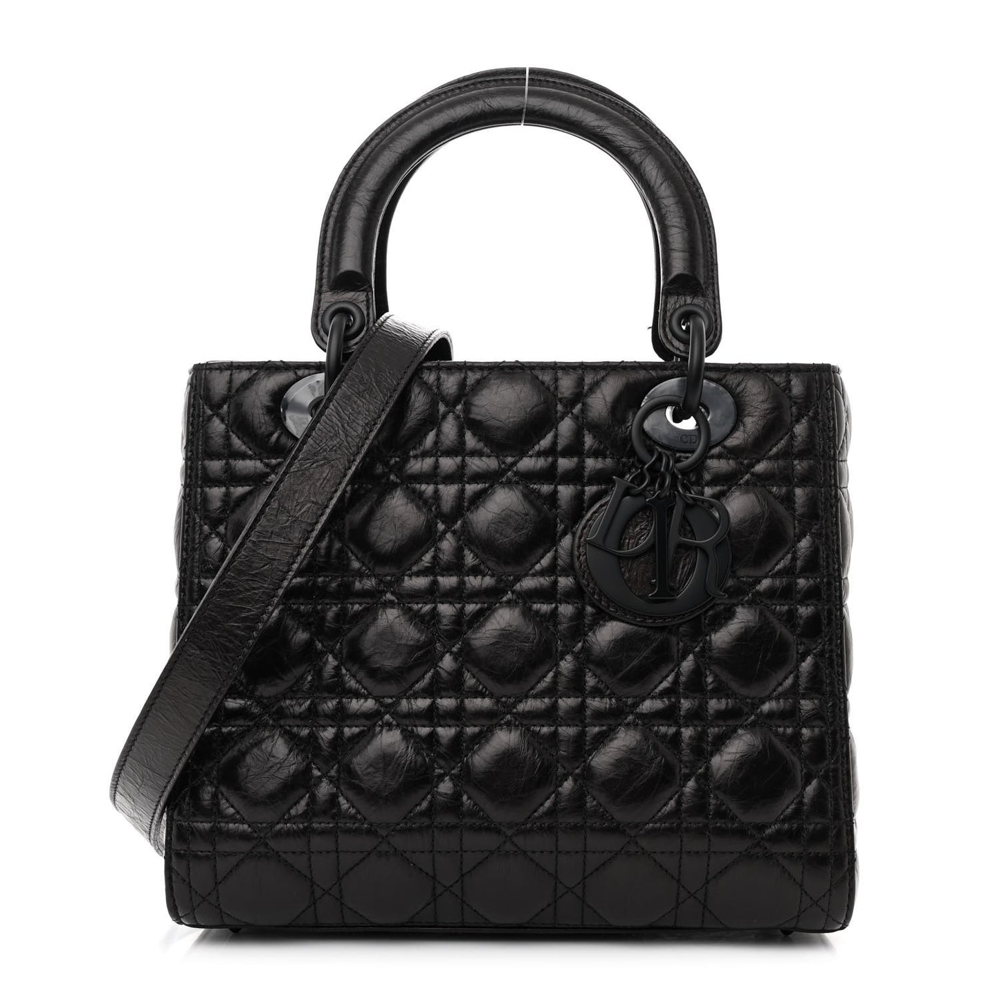 Crinkled Calfskin Cannage Medium Lady Dior Black
