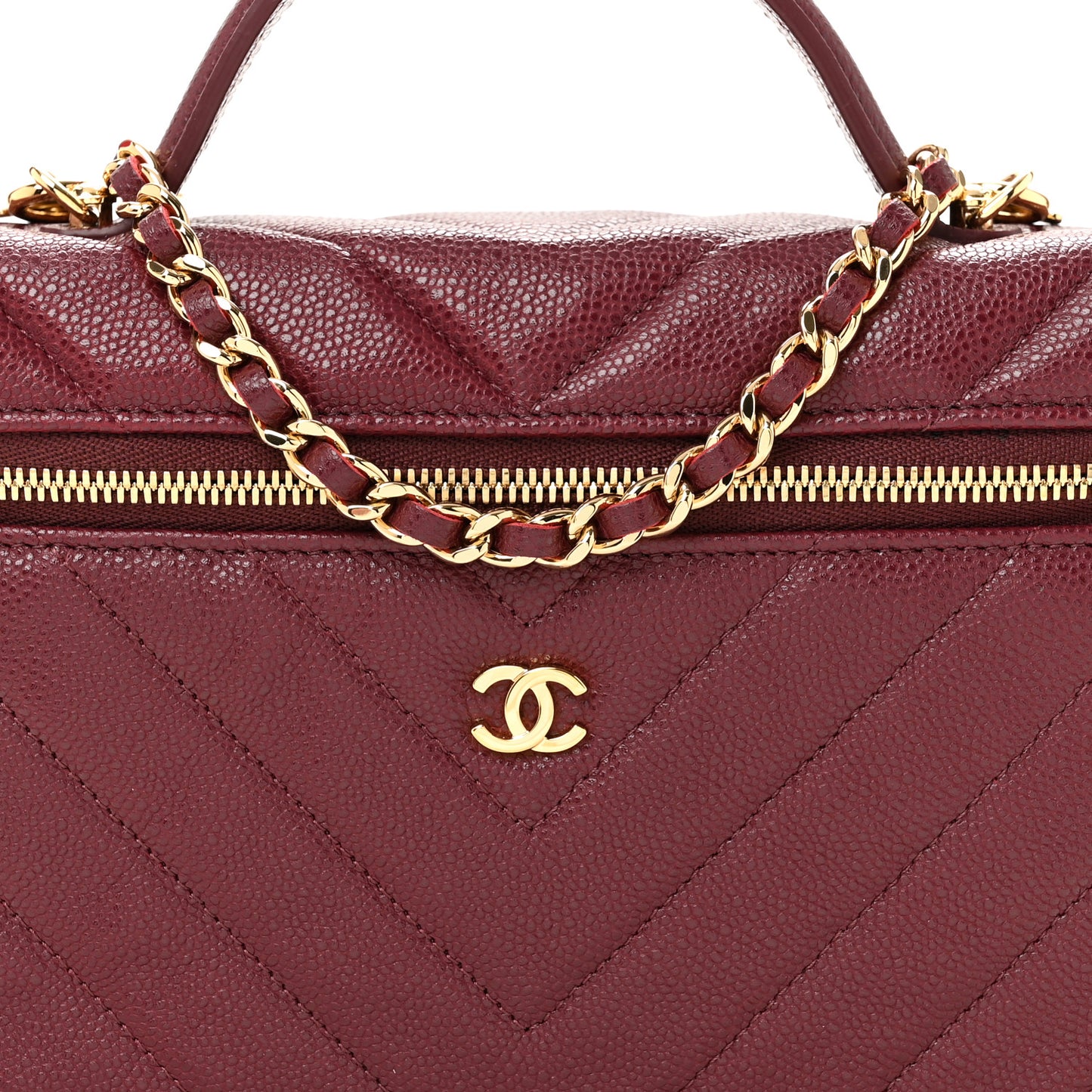 Shiny Caviar Quilted Sleek Chevron Vanity With Chain Burgundy