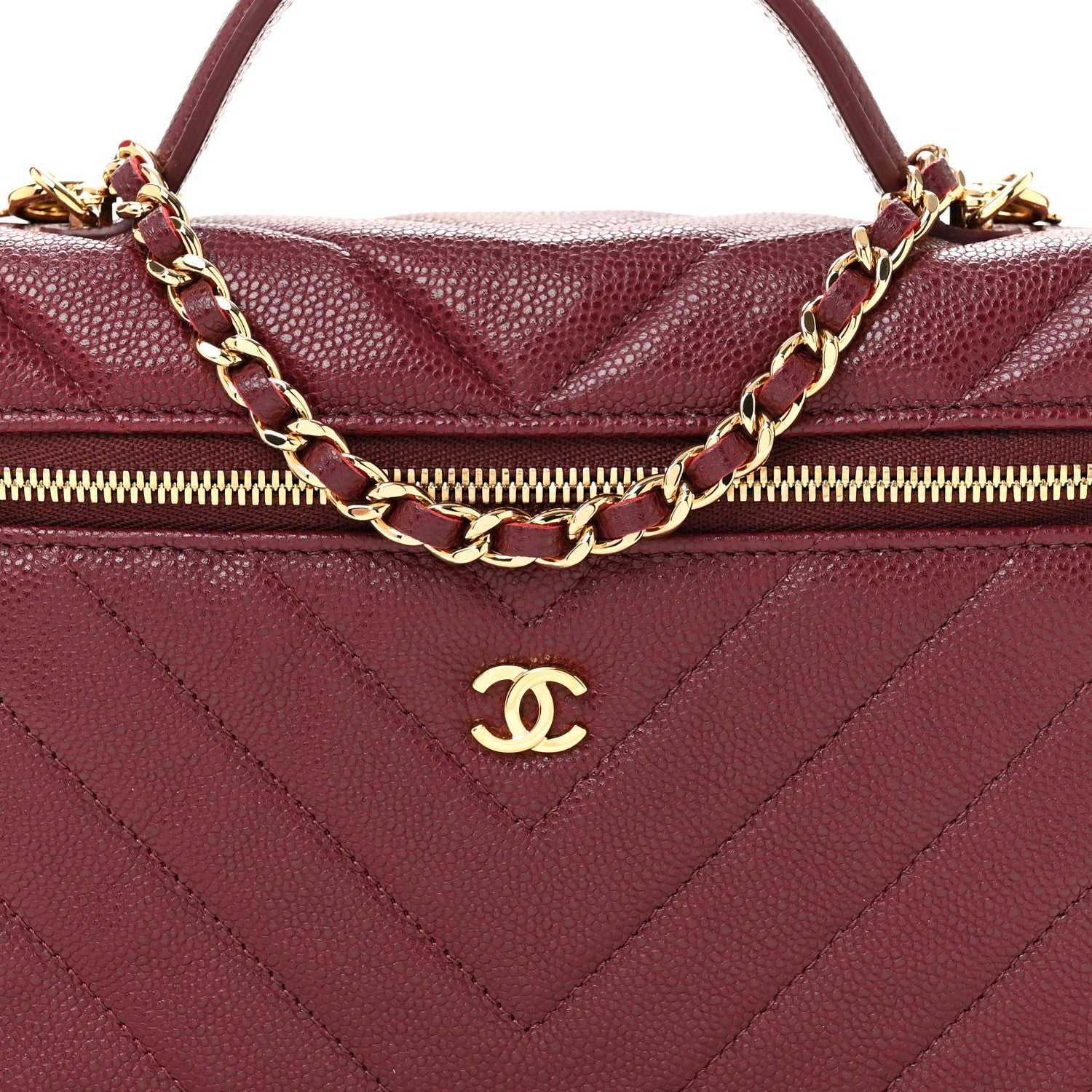 Chanel Shiny Caviar Quilted Sleek Chevron Vanity With Chain Burgundy 8 of 12