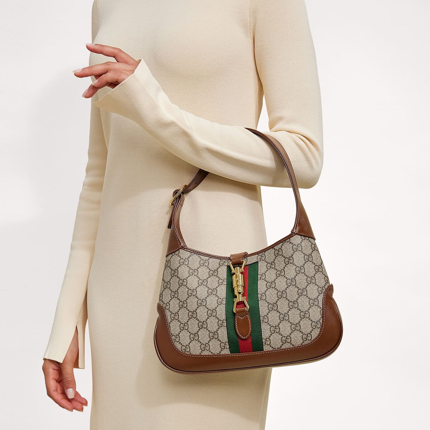 GG Supreme Monogram Azalea Calfskin Web Small Jackie 1961 Hobo Beige Ebony Brown Sugar